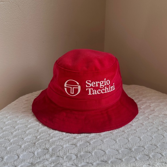 Sergio Tacchini Bucket Hat Tango Red Embroidered ST Logo Corduroy Retro Festival - Picture 7 of 14